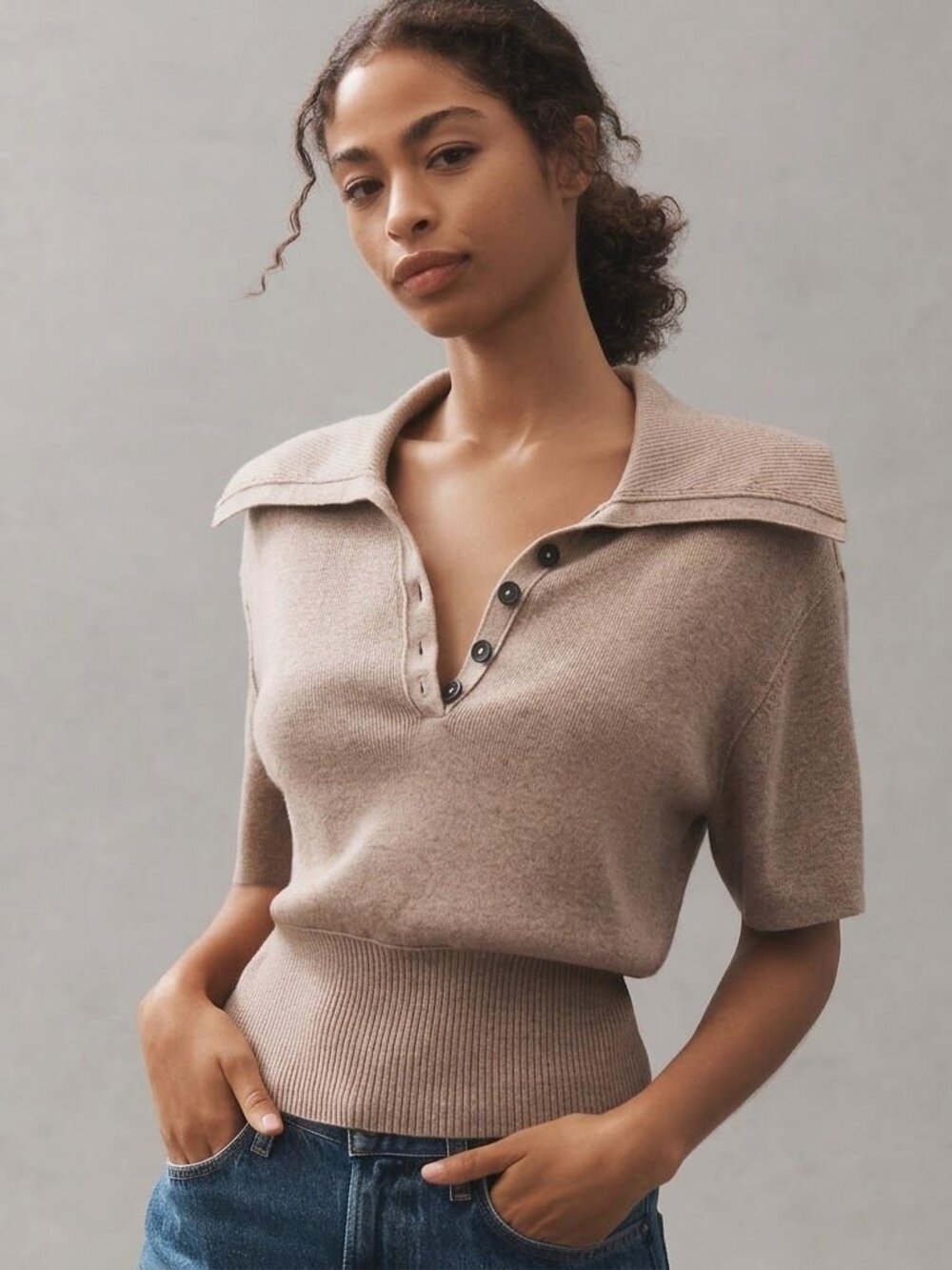 Pilcro Collared Wool and Cashmere Blend Sweater Beige XS Academia Preppy Fall